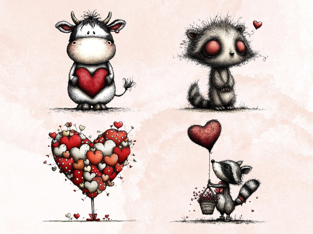 Quirky Valentines Day Clipart: Whimsical Red Love PNG Bundle (Commercial Use)