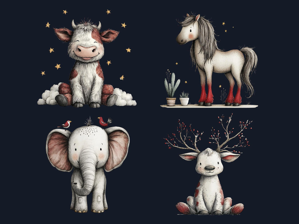 Quirky Nursery Clipart: Boho Whimsical Animals PNG Bundle (Digital Download), Commercial Use