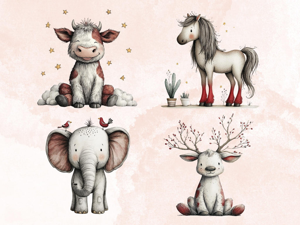 Quirky Nursery Clipart: Boho Whimsical Animals PNG Bundle (Digital Download), Commercial Use