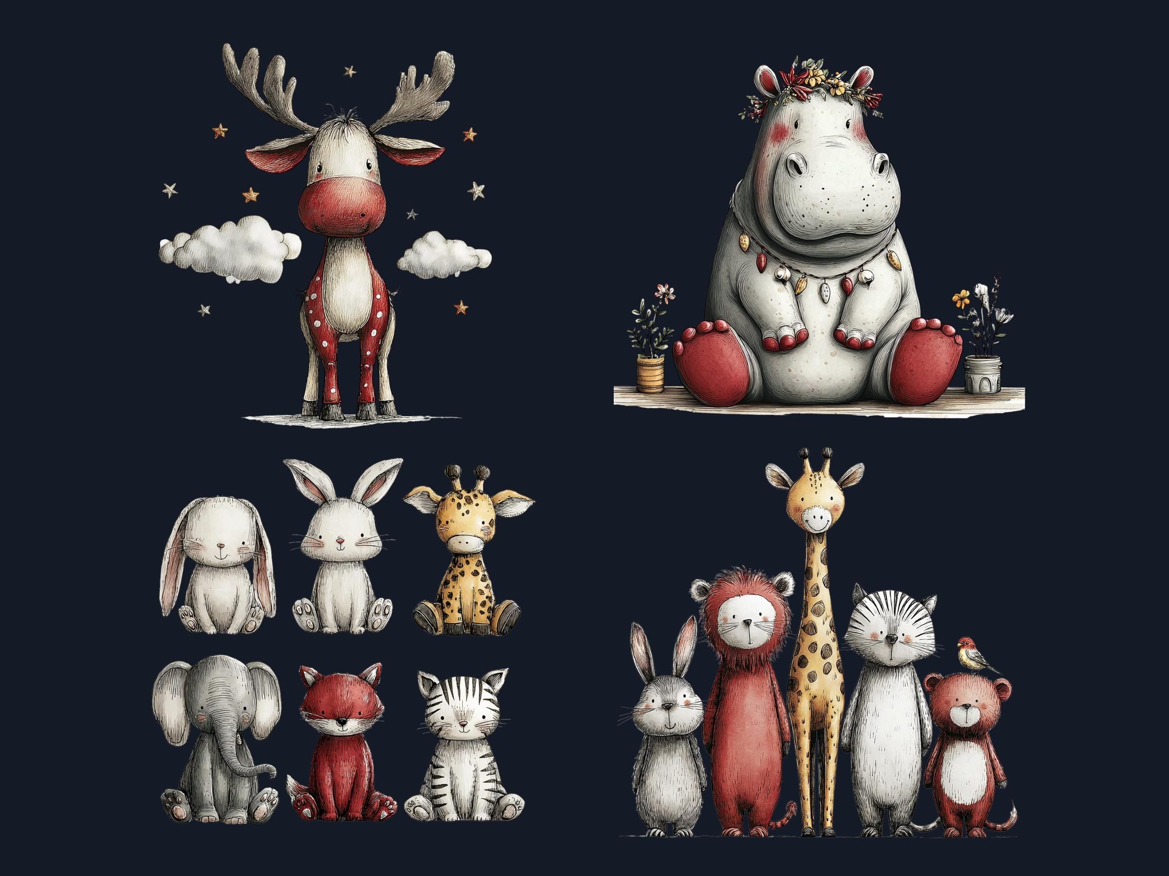 Quirky Nursery Clipart: Boho Whimsical Animals PNG Bundle (Digital Download), Commercial Use