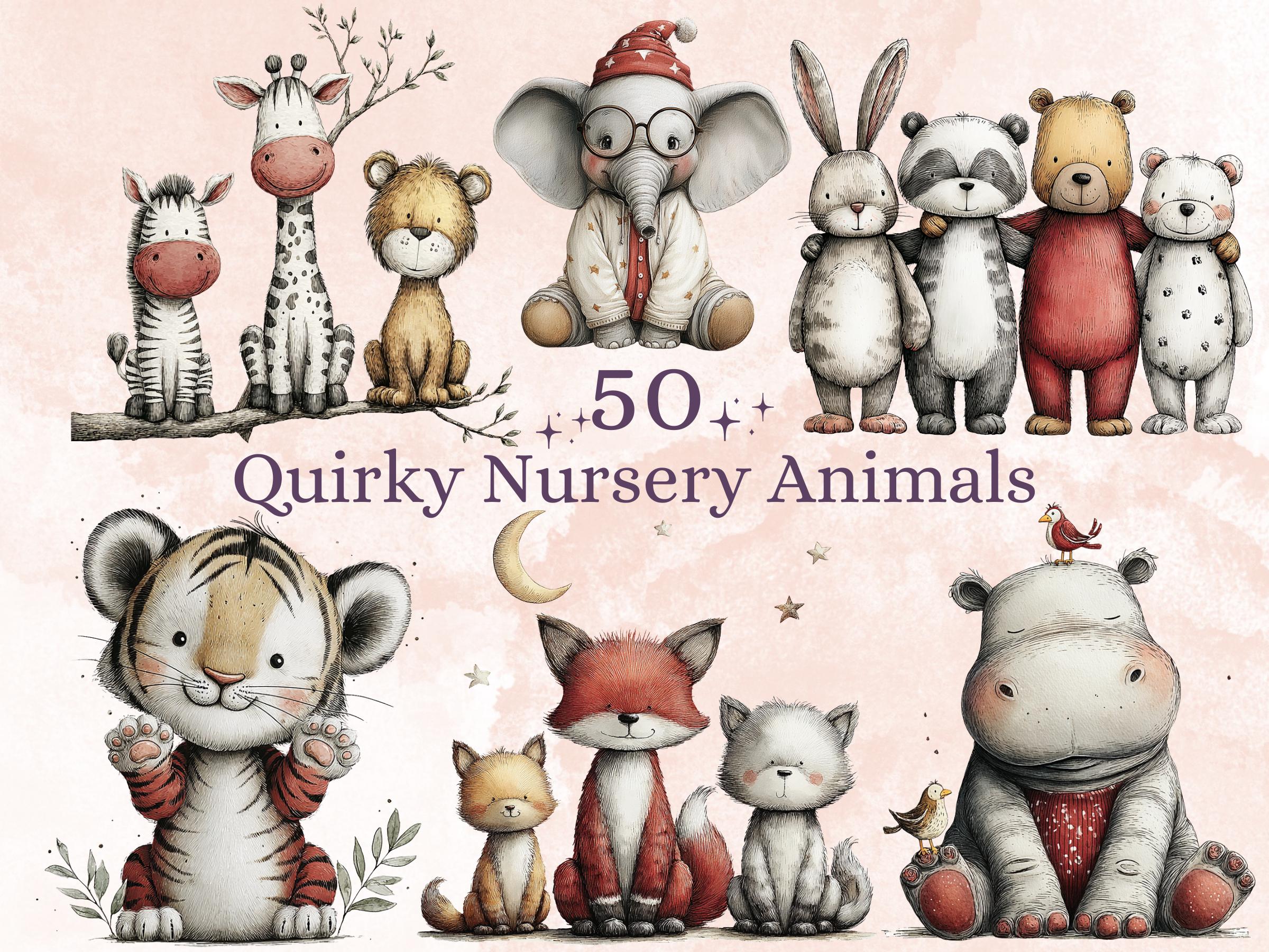 Quirky Nursery Clipart: Boho Whimsical Animals PNG Bundle (Digital Download), Commercial Use