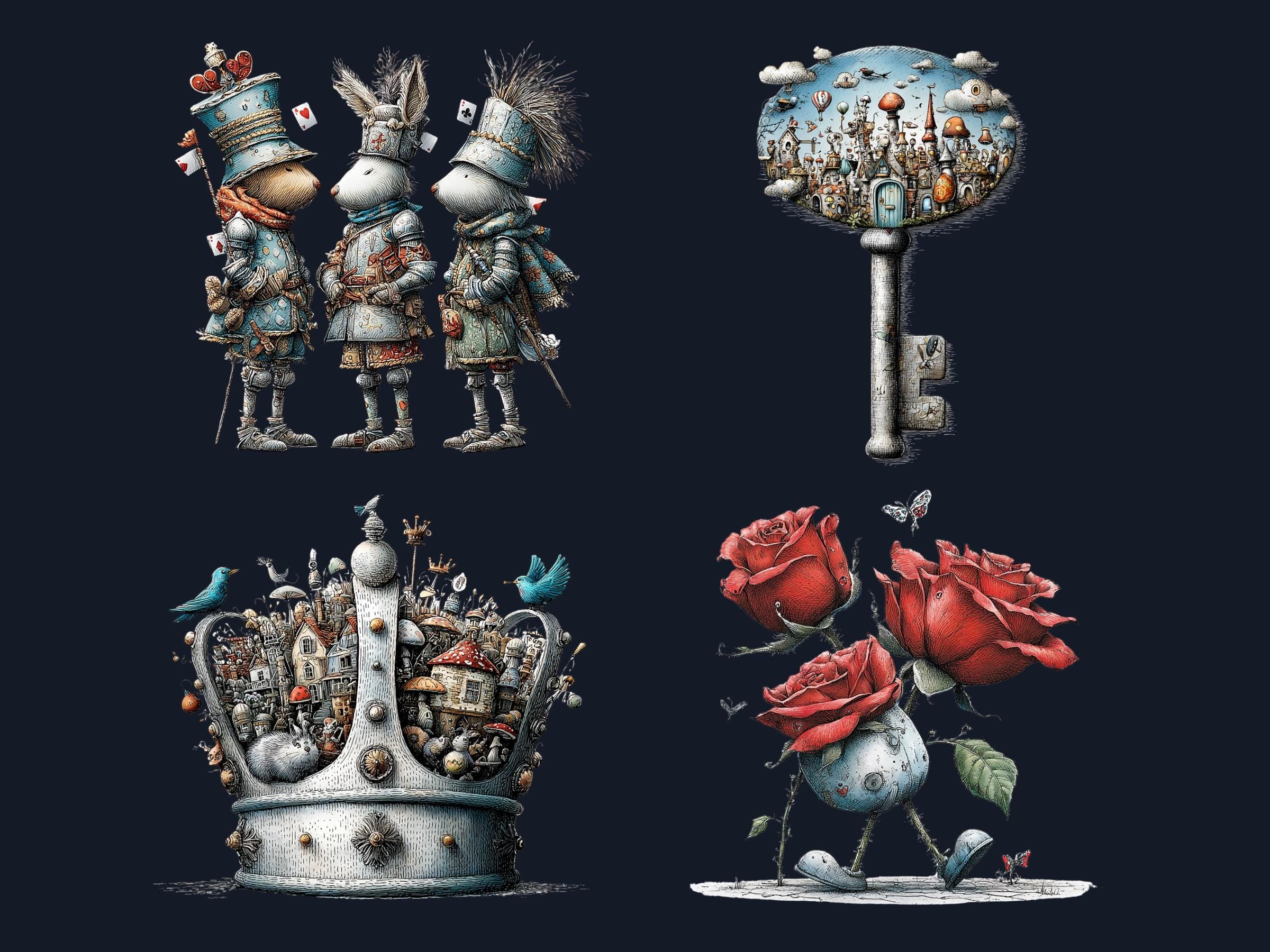Quirky Alice in Wonderland Clipart: Whimsical Tea Party PNG Bundle, Fairytale Ephemera Digital Download, Commercial Use