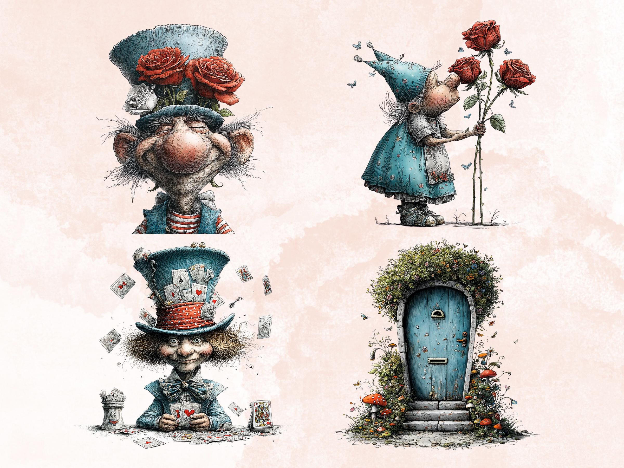 Quirky Alice in Wonderland Clipart: Whimsical Tea Party PNG Bundle, Fairytale Ephemera Digital Download, Commercial Use