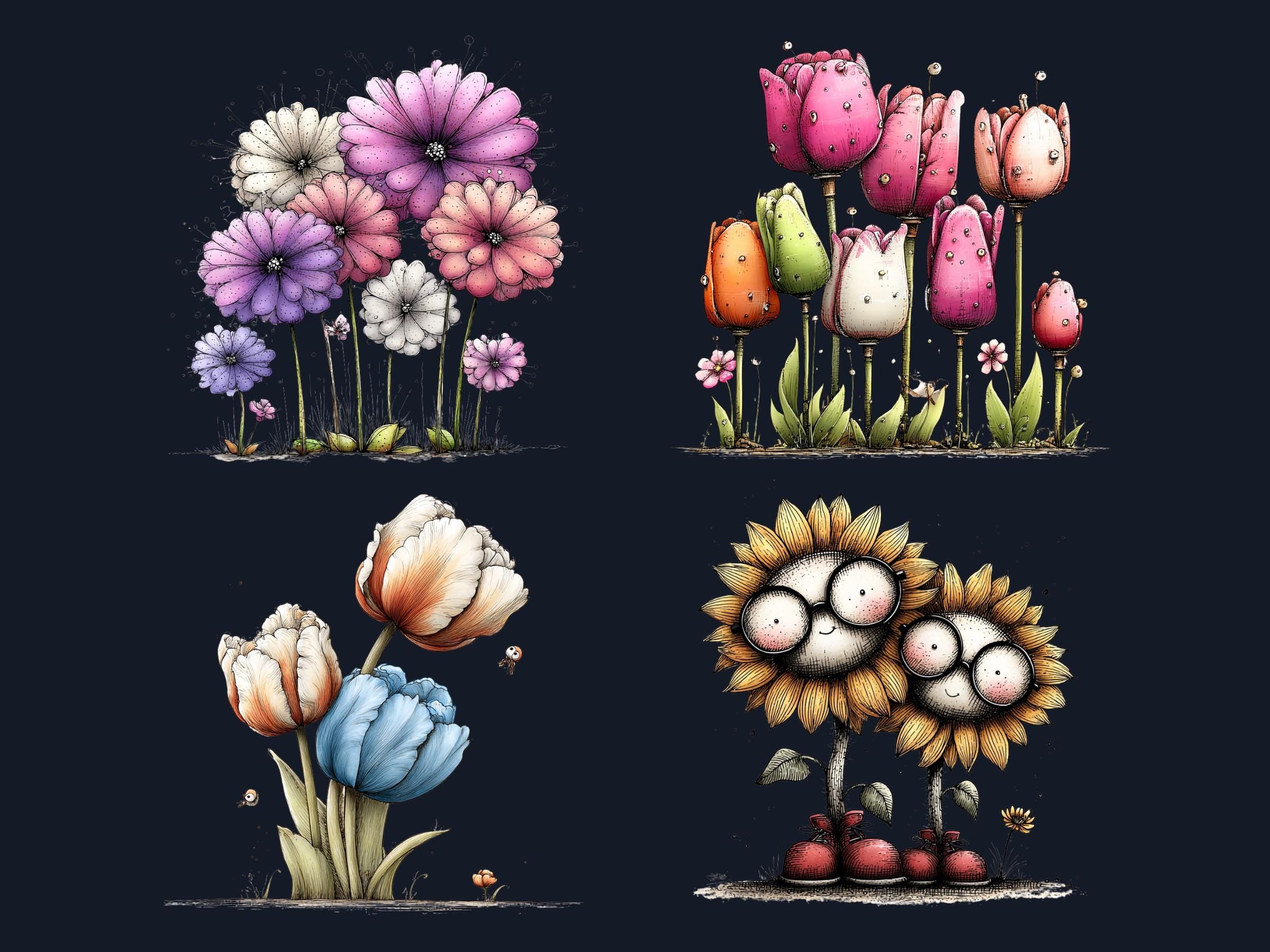 Quirky Flowers Clipart Bundle, Whimsical Spring Floral PNG Illustrations (Digital Download, Commercial Use)
