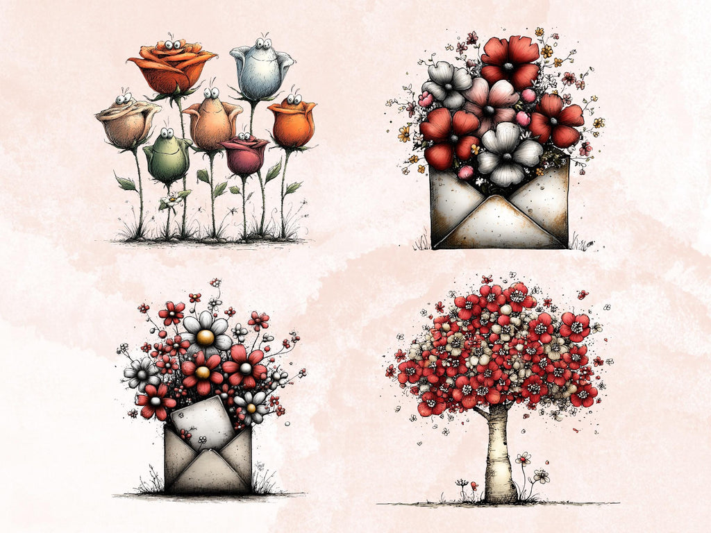 Quirky Flowers Clipart Bundle, Whimsical Spring Floral PNG Illustrations (Digital Download, Commercial Use)