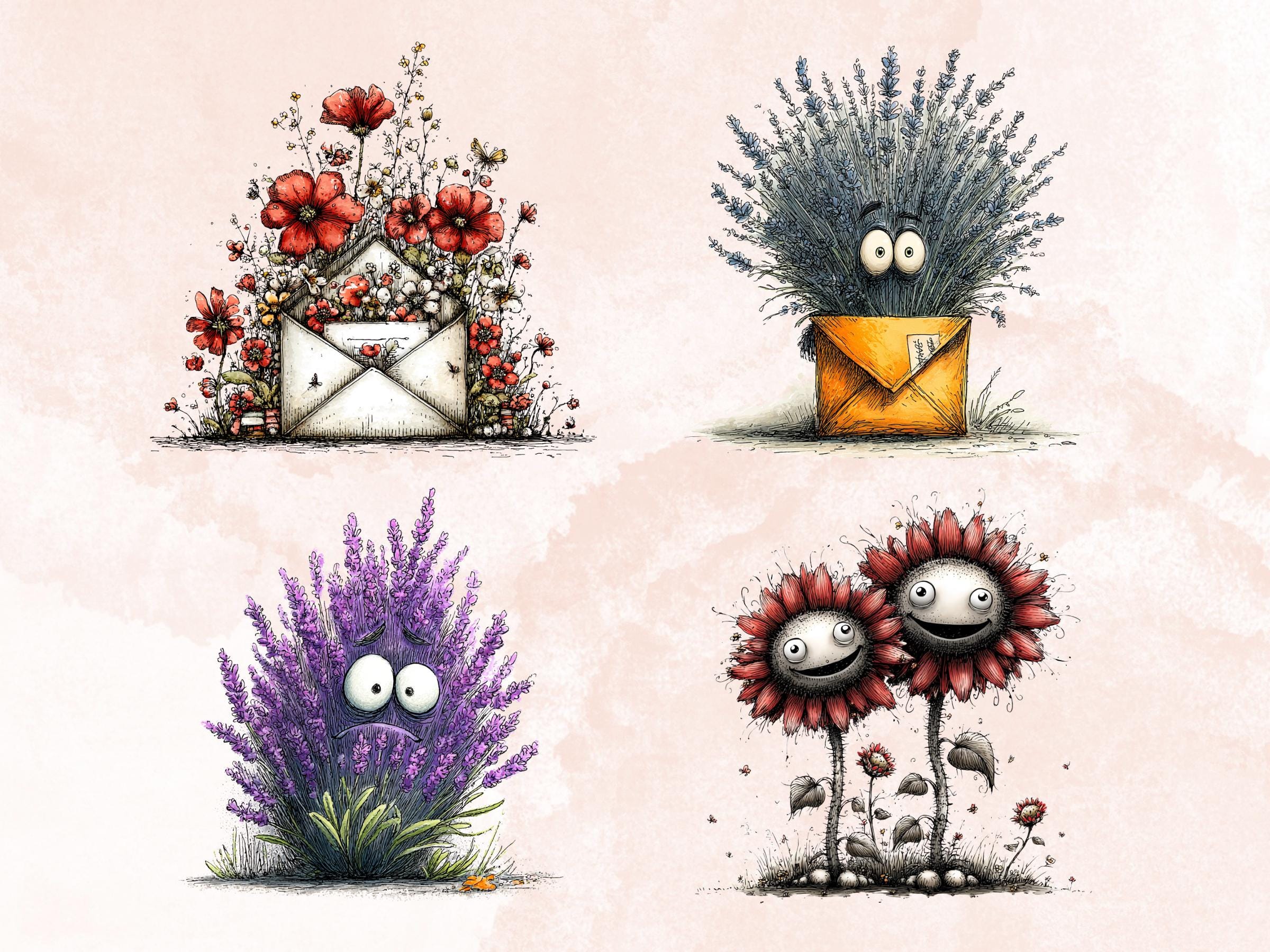 Quirky Flowers Clipart Bundle, Whimsical Spring Floral PNG Illustrations (Digital Download, Commercial Use)