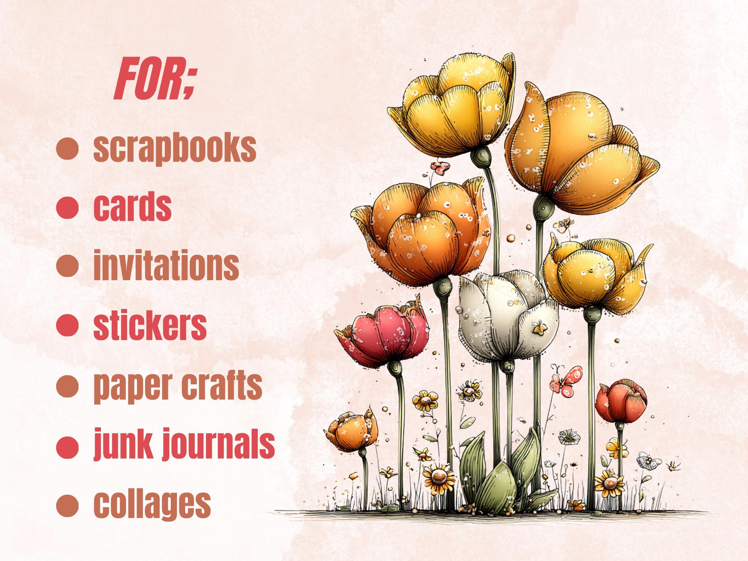 Quirky Flowers Clipart Bundle, Whimsical Spring Floral PNG Illustrations (Digital Download, Commercial Use)