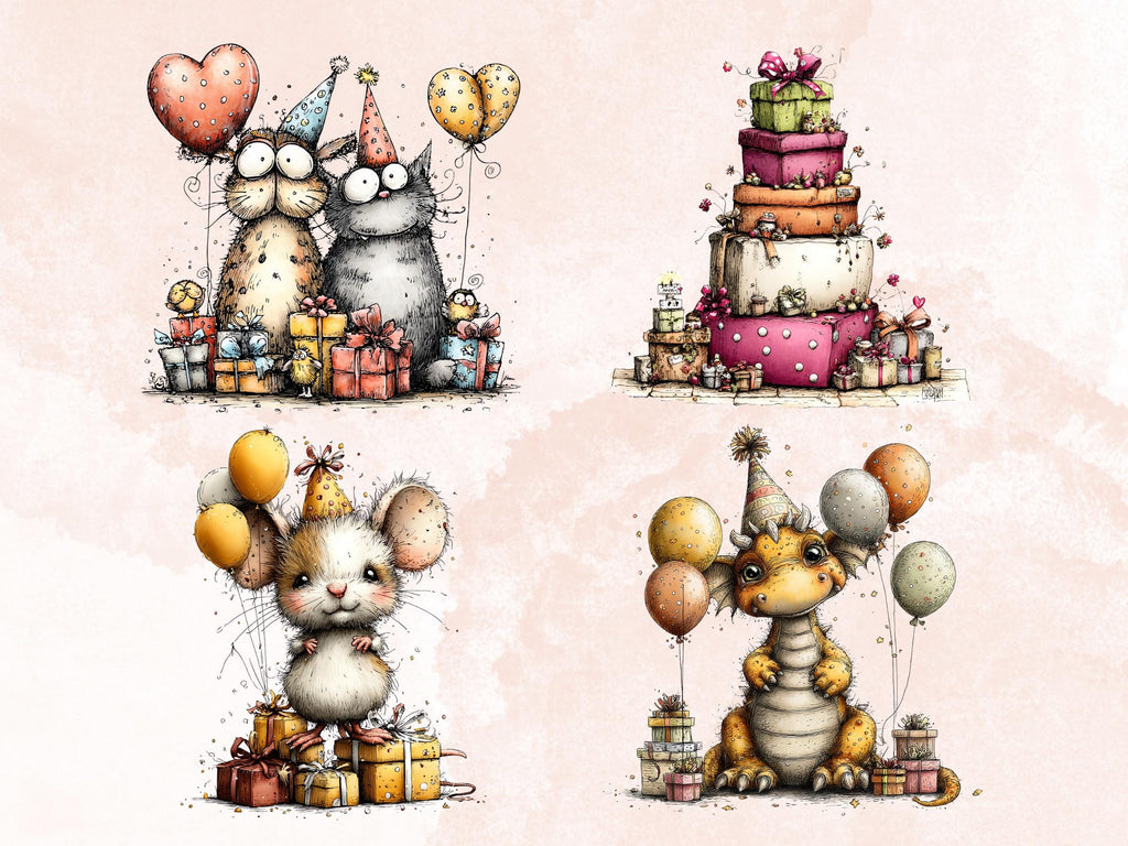 Quirky Birthday Clipart Bundle, Whimsical Party Animals PNG Illustrations (Digital Download, Commercial Use)