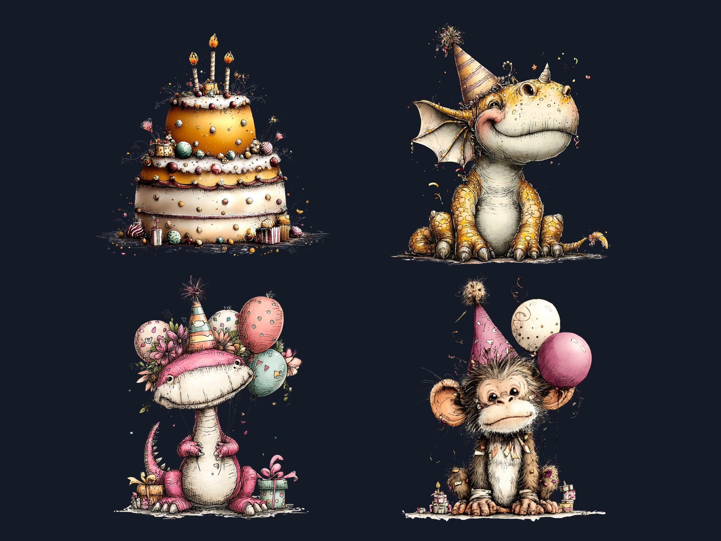 Quirky Birthday Clipart Bundle, Whimsical Party Animals PNG Illustrations (Digital Download, Commercial Use)