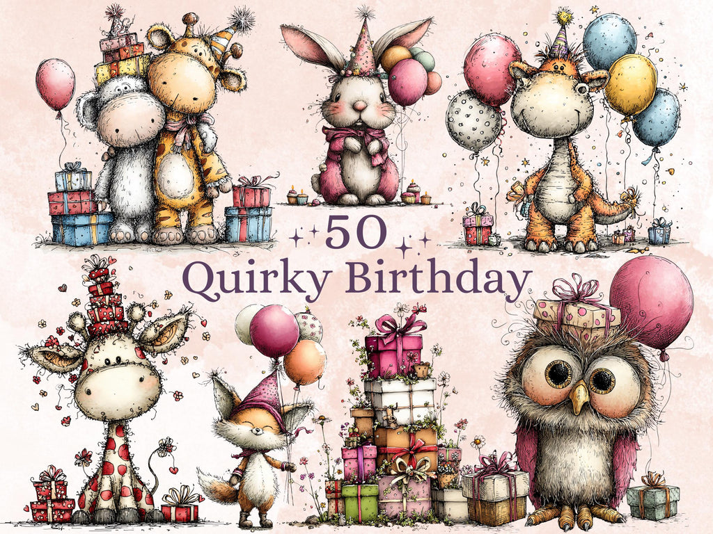 Quirky Birthday Clipart Bundle, Whimsical Party Animals PNG Illustrations (Digital Download, Commercial Use)