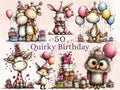 Quirky Birthday Clipart Bundle, Whimsical Party Animals PNG Illustrations (Digital Download, Commercial Use)