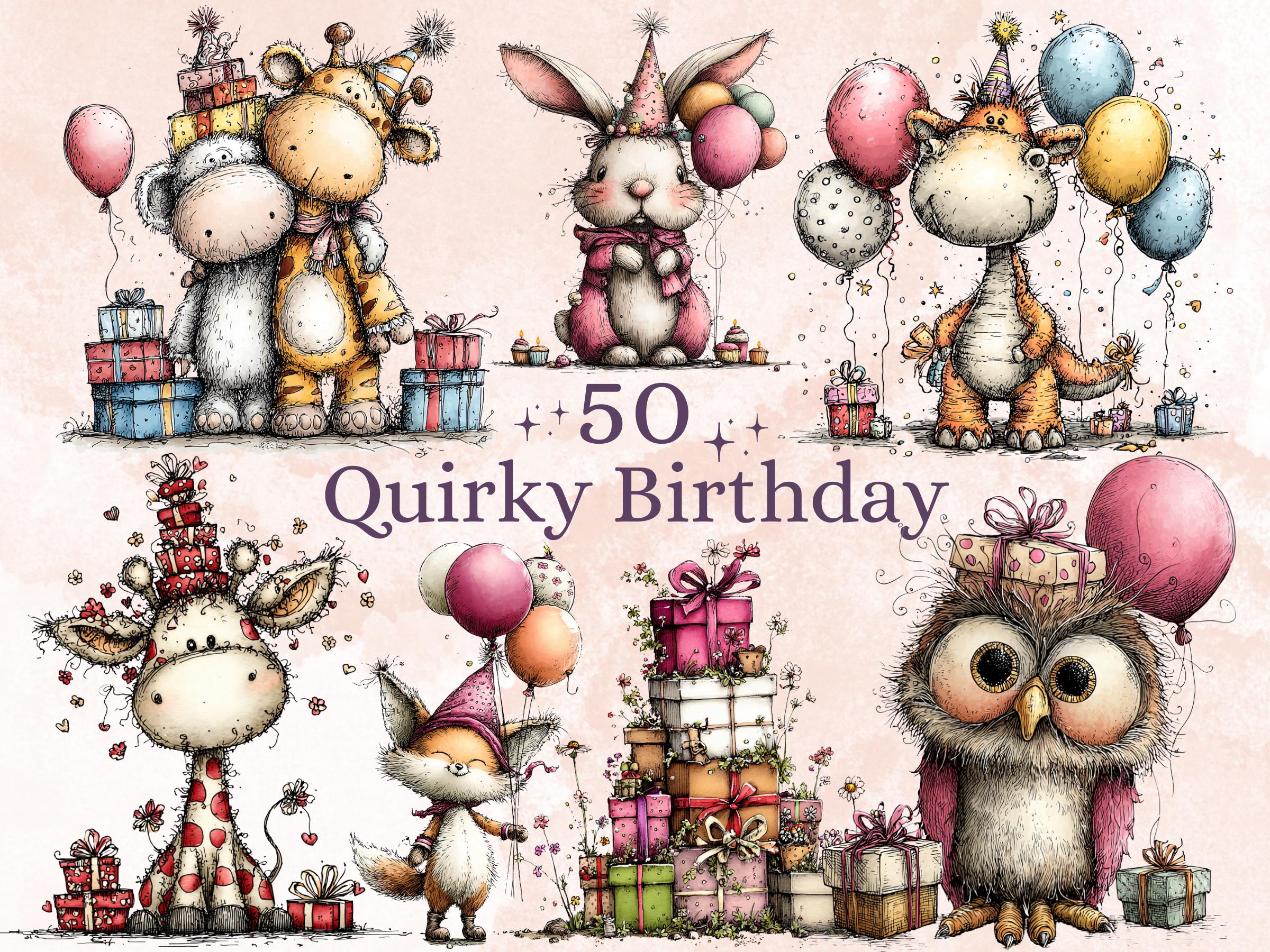 Quirky Birthday Clipart Bundle, Whimsical Party Animals PNG Illustrations (Digital Download, Commercial Use)