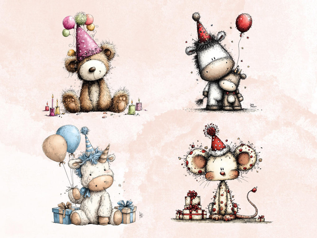 Quirky Birthday Clipart Bundle, Whimsical Party Animals PNG Illustrations (Digital Download, Commercial Use)