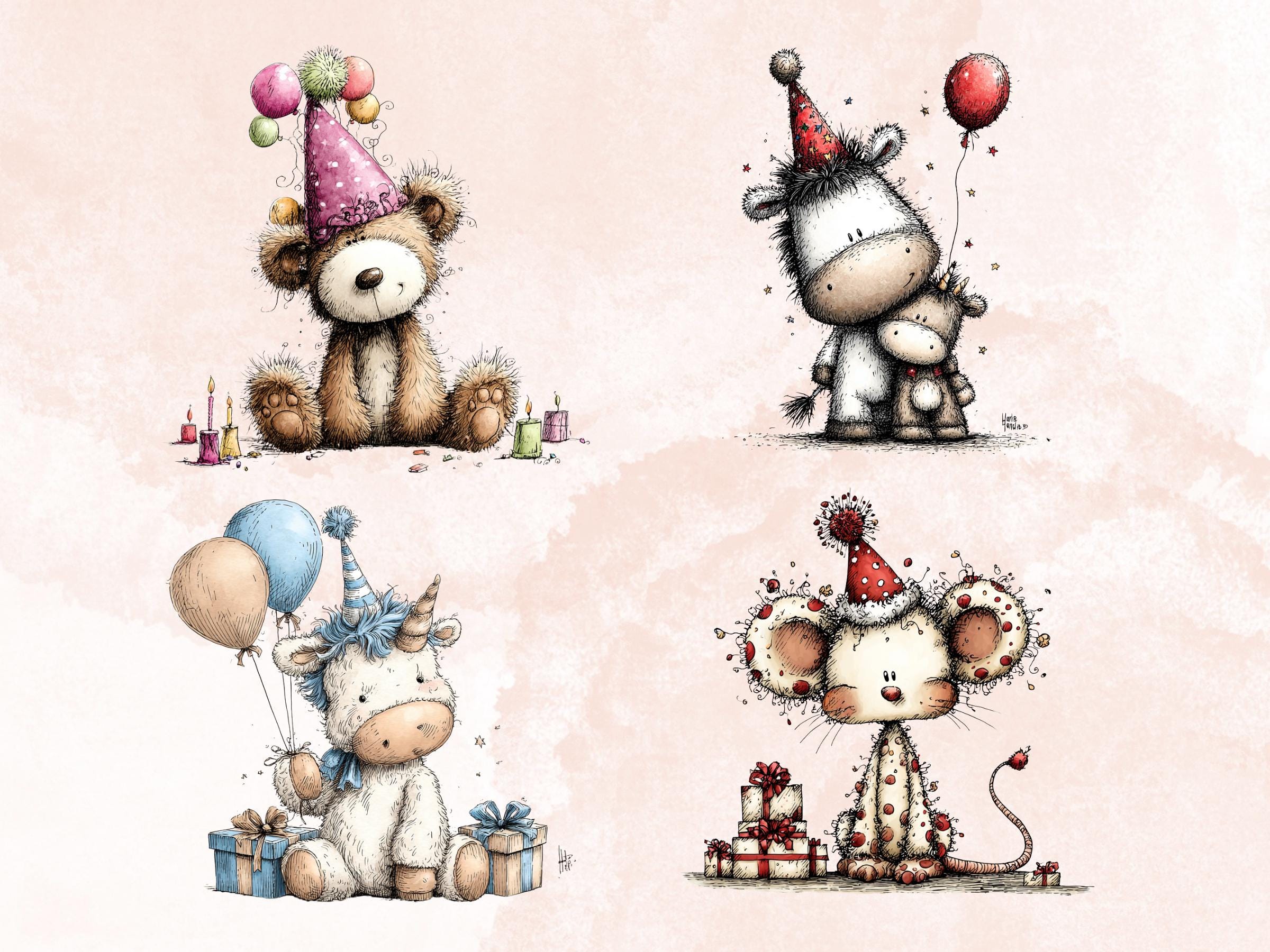 Quirky Birthday Clipart Bundle, Whimsical Party Animals PNG Illustrations (Digital Download, Commercial Use)