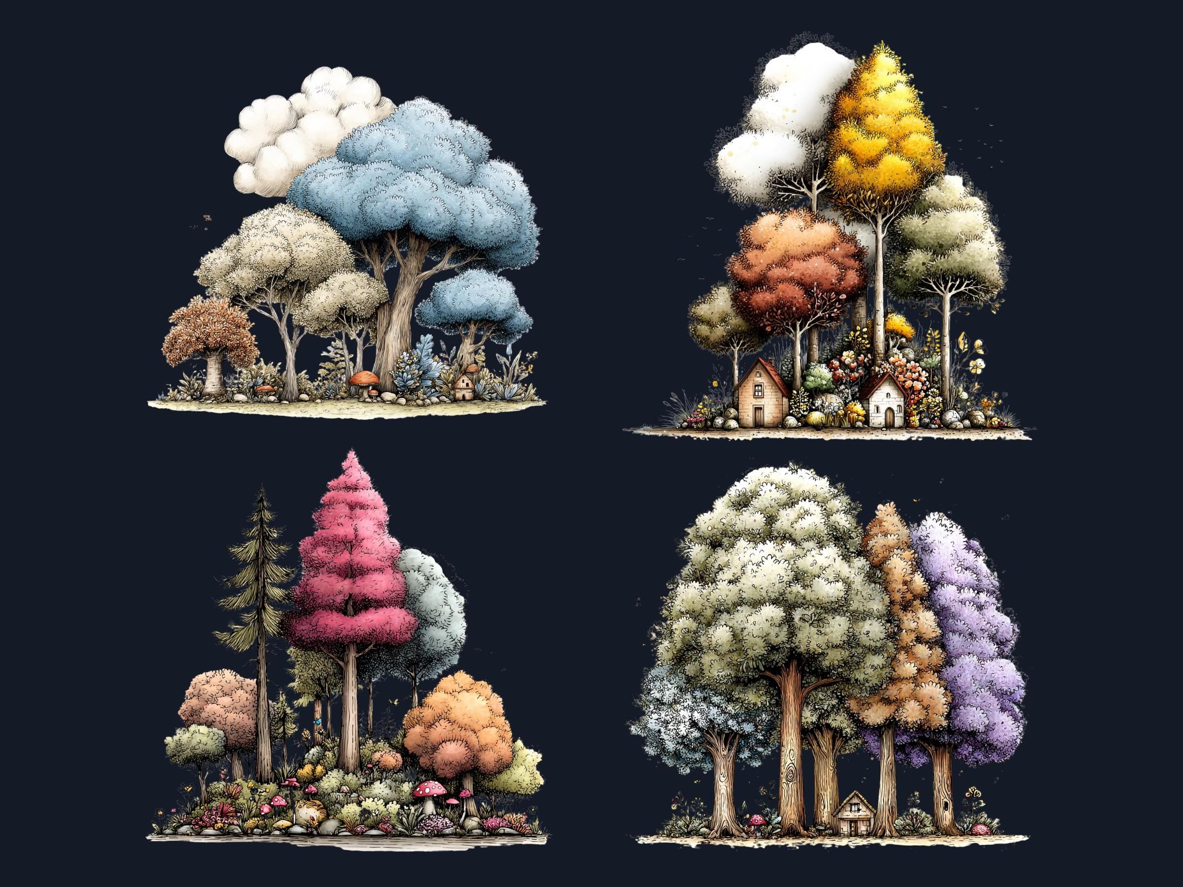 Quirky Forest Clipart Bundle, Whimsical Woodland Floral PNG Illustrations (Digital Download, Commercial Use)