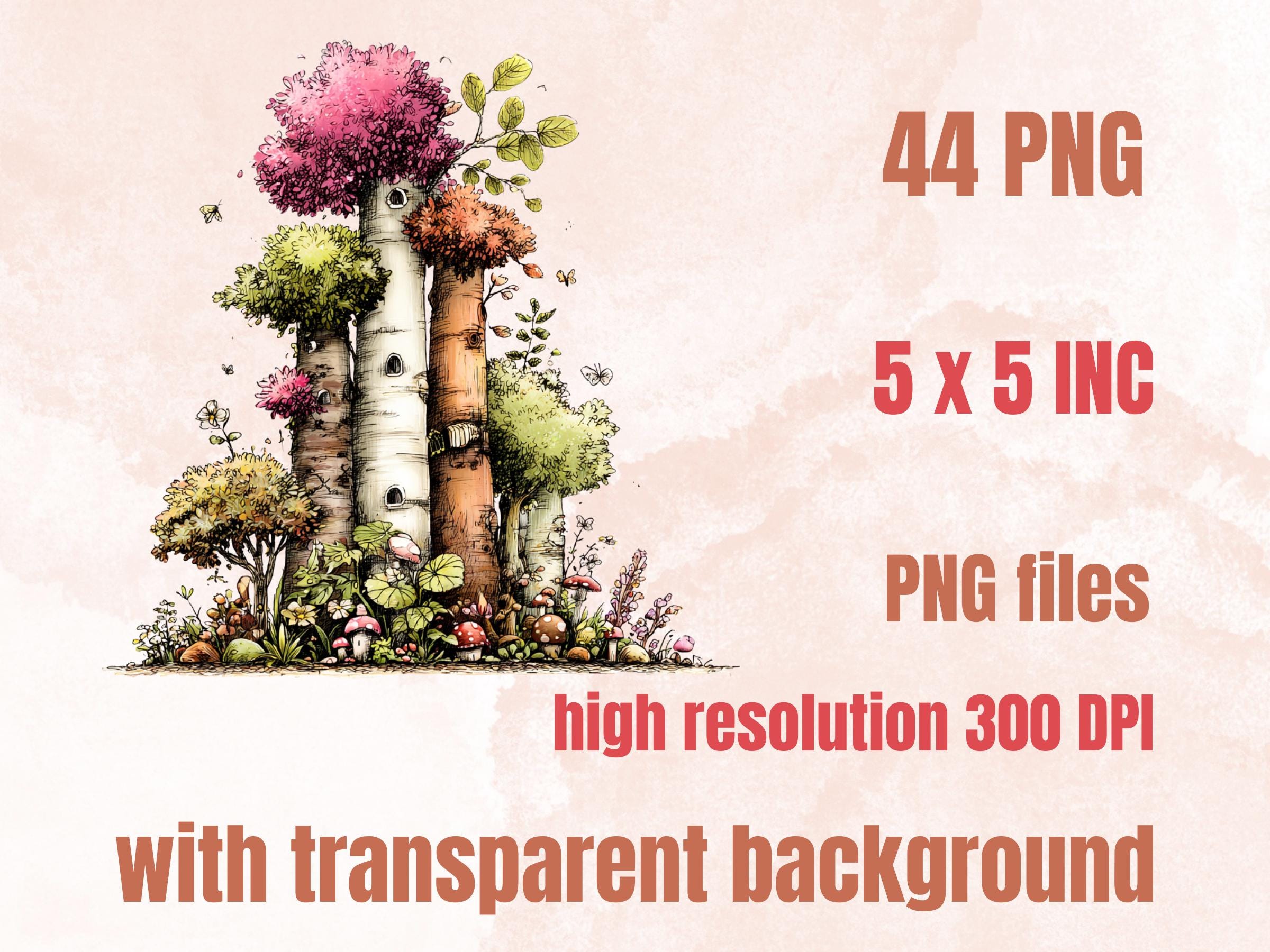Quirky Forest Clipart Bundle, Whimsical Woodland Floral PNG Illustrations (Digital Download, Commercial Use)