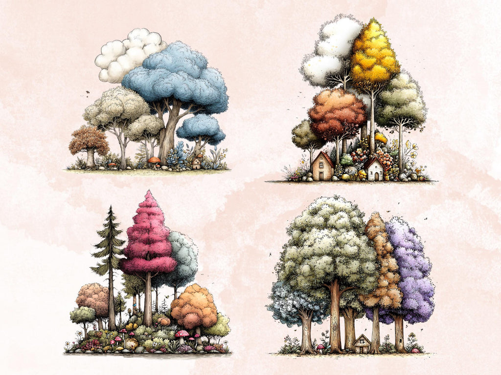 Quirky Forest Clipart Bundle, Whimsical Woodland Floral PNG Illustrations (Digital Download, Commercial Use)