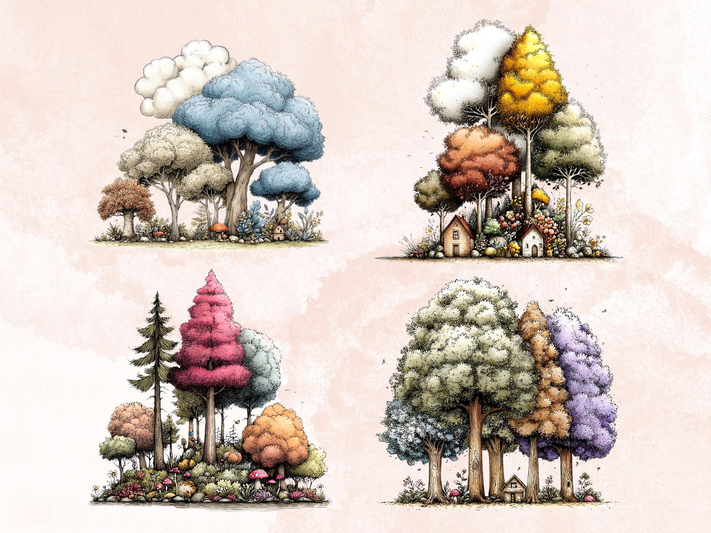 Quirky Forest Clipart Bundle, Whimsical Woodland Floral PNG Illustrations (Digital Download, Commercial Use)