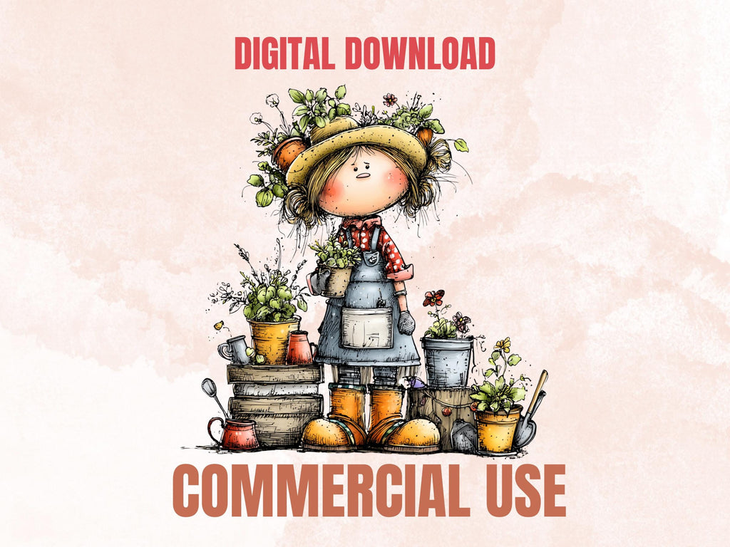 Quirky Garden Clipart Bundle, Whimsical Gardening Floral PNG Illustrations (Digital Download, Commercial Use)