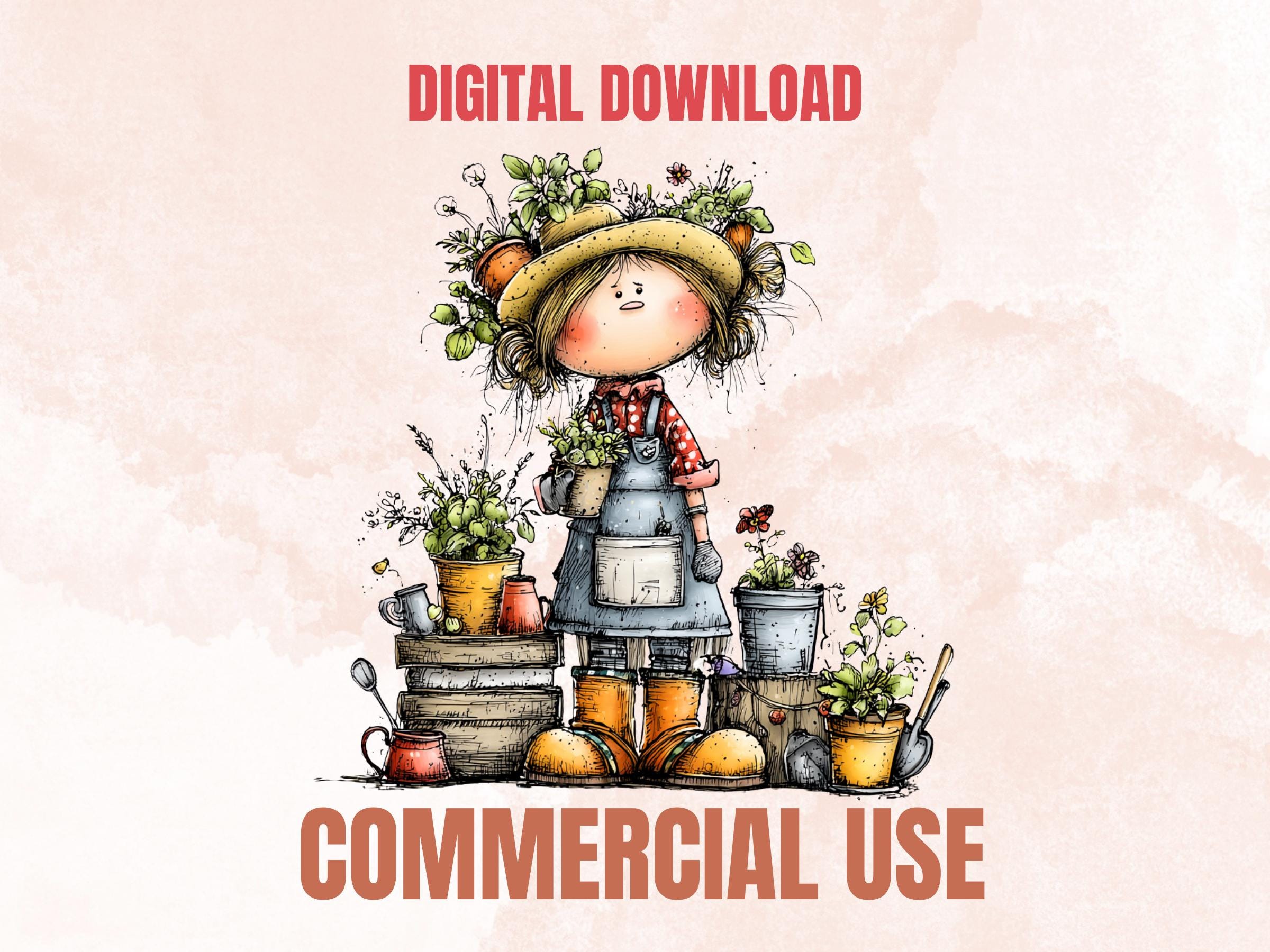 Quirky Garden Clipart Bundle, Whimsical Gardening Floral PNG Illustrations (Digital Download, Commercial Use)
