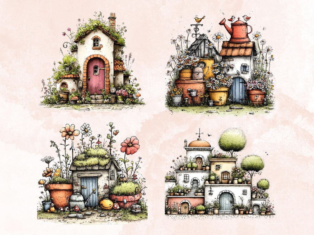 Quirky Garden Clipart Bundle, Whimsical Gardening Floral PNG Illustrations (Digital Download, Commercial Use)