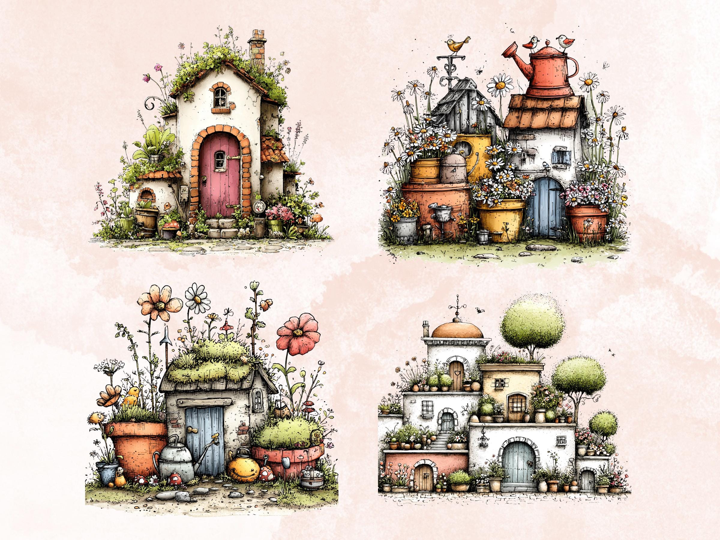 Quirky Garden Clipart Bundle, Whimsical Gardening Floral PNG Illustrations (Digital Download, Commercial Use)