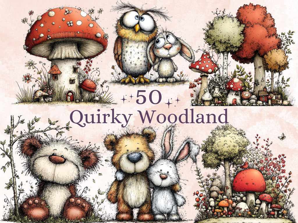 Quirky Woodland Clipart Bundle, Whimsical Forest Floral PNG Illustrations (Digital Download, Commercial Use)