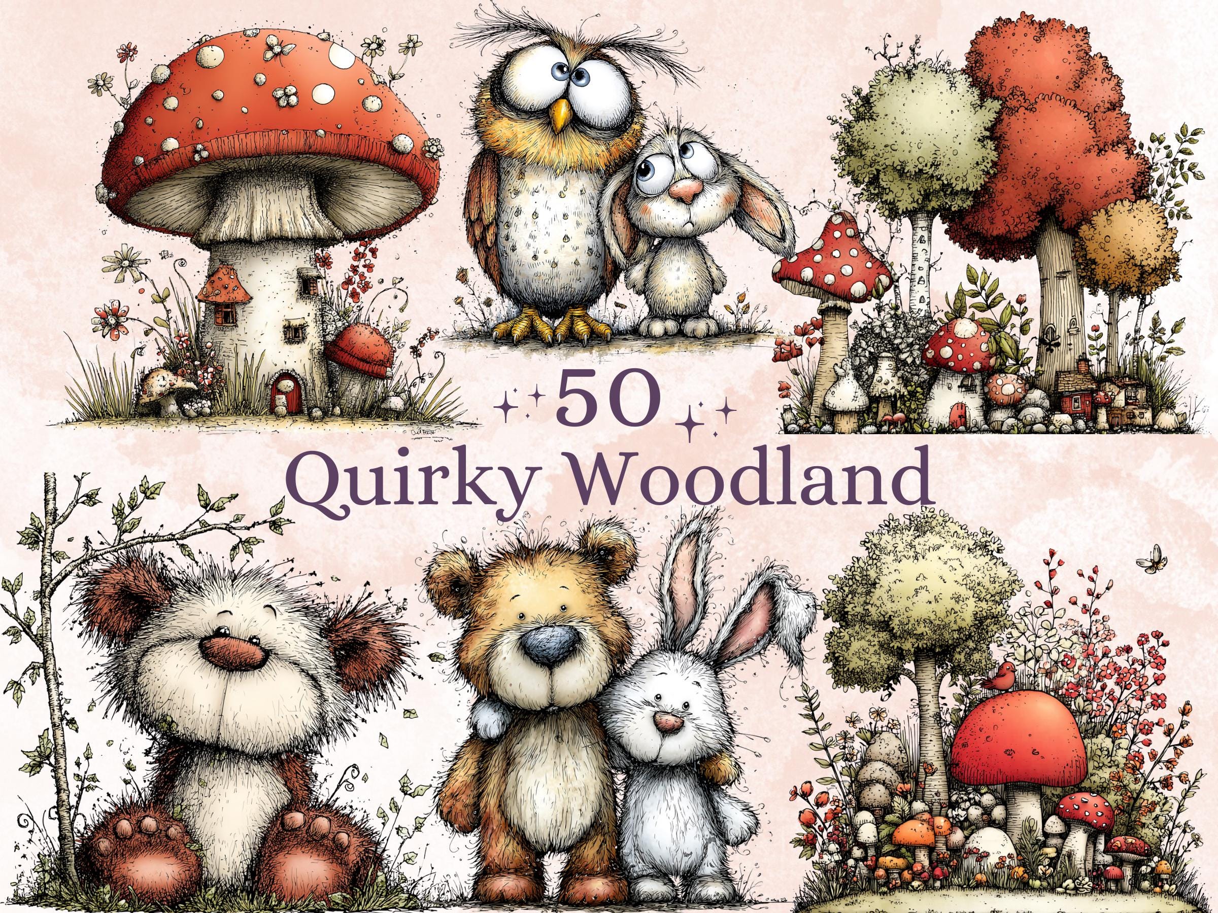 Quirky Woodland Clipart Bundle, Whimsical Forest Floral PNG Illustrations (Digital Download, Commercial Use)