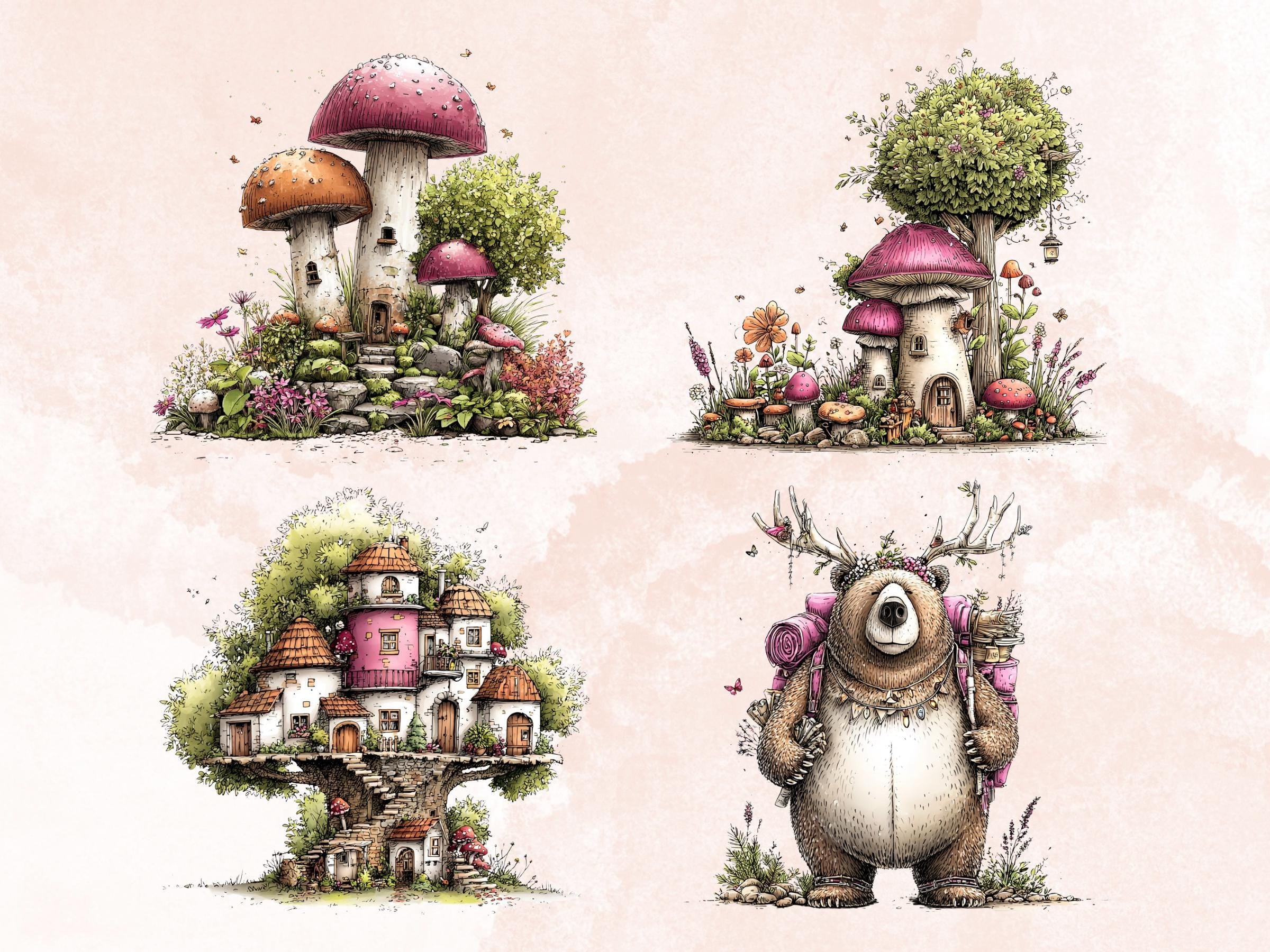 Quirky Woodland Clipart Bundle, Whimsical Forest Floral PNG Illustrations (Digital Download, Commercial Use)
