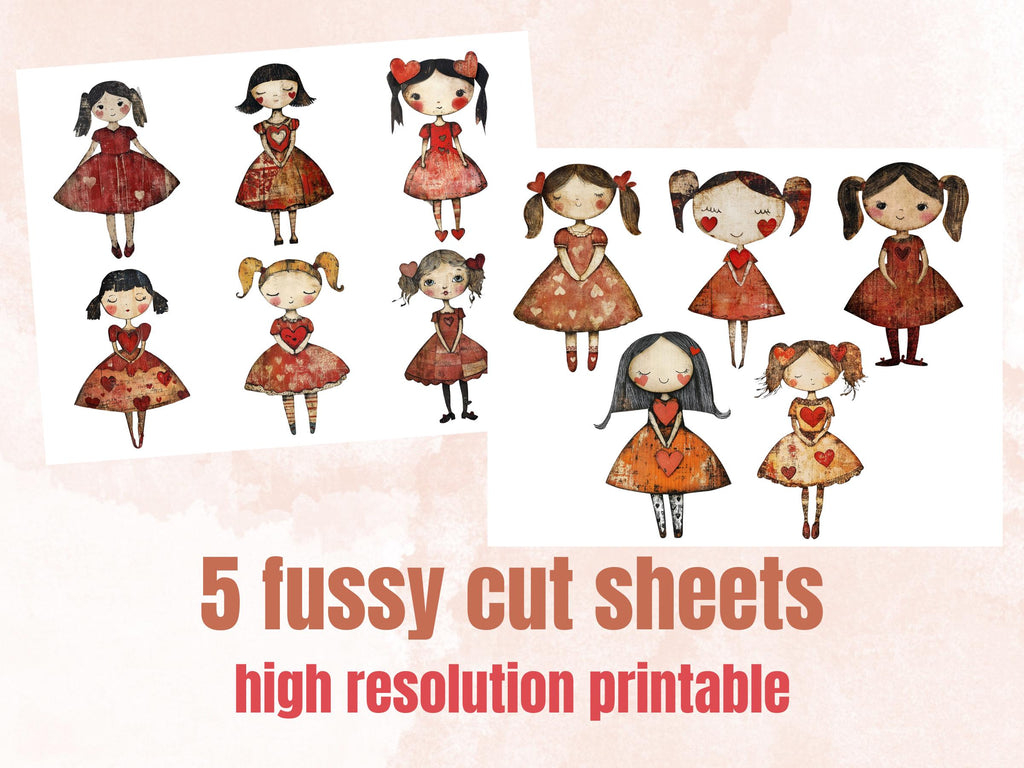 Valentines Day Paper Doll Mixed Media Clipart, Valentine Girl Fussy Cut Collage Sheet, Quirky Cut Out Ephemera, PNG + JPG for Scrapbooking