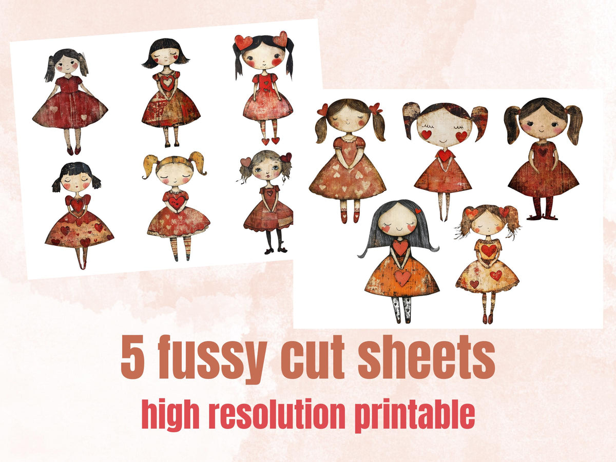 Valentines Day Paper Doll Mixed Media Clipart, Valentine Girl Fussy Cut Collage Sheet, Quirky Cut Out Ephemera, PNG + JPG for Scrapbooking