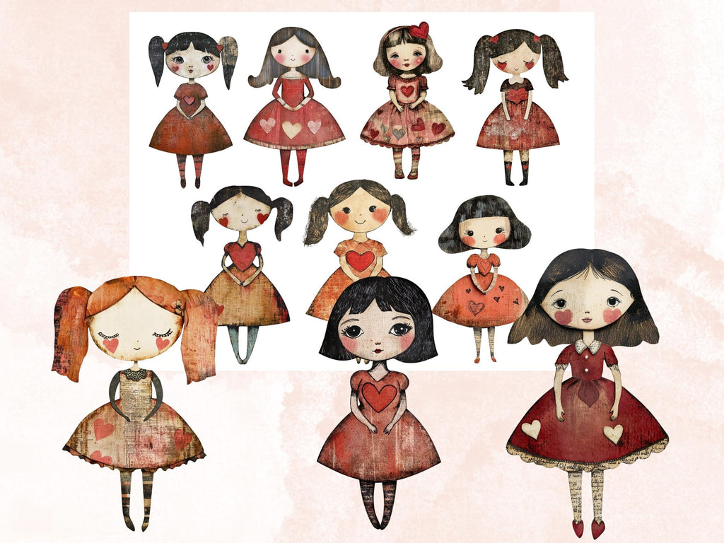 Valentines Day Paper Doll Mixed Media Clipart, Valentine Girl Fussy Cut Collage Sheet, Quirky Cut Out Ephemera, PNG + JPG for Scrapbooking