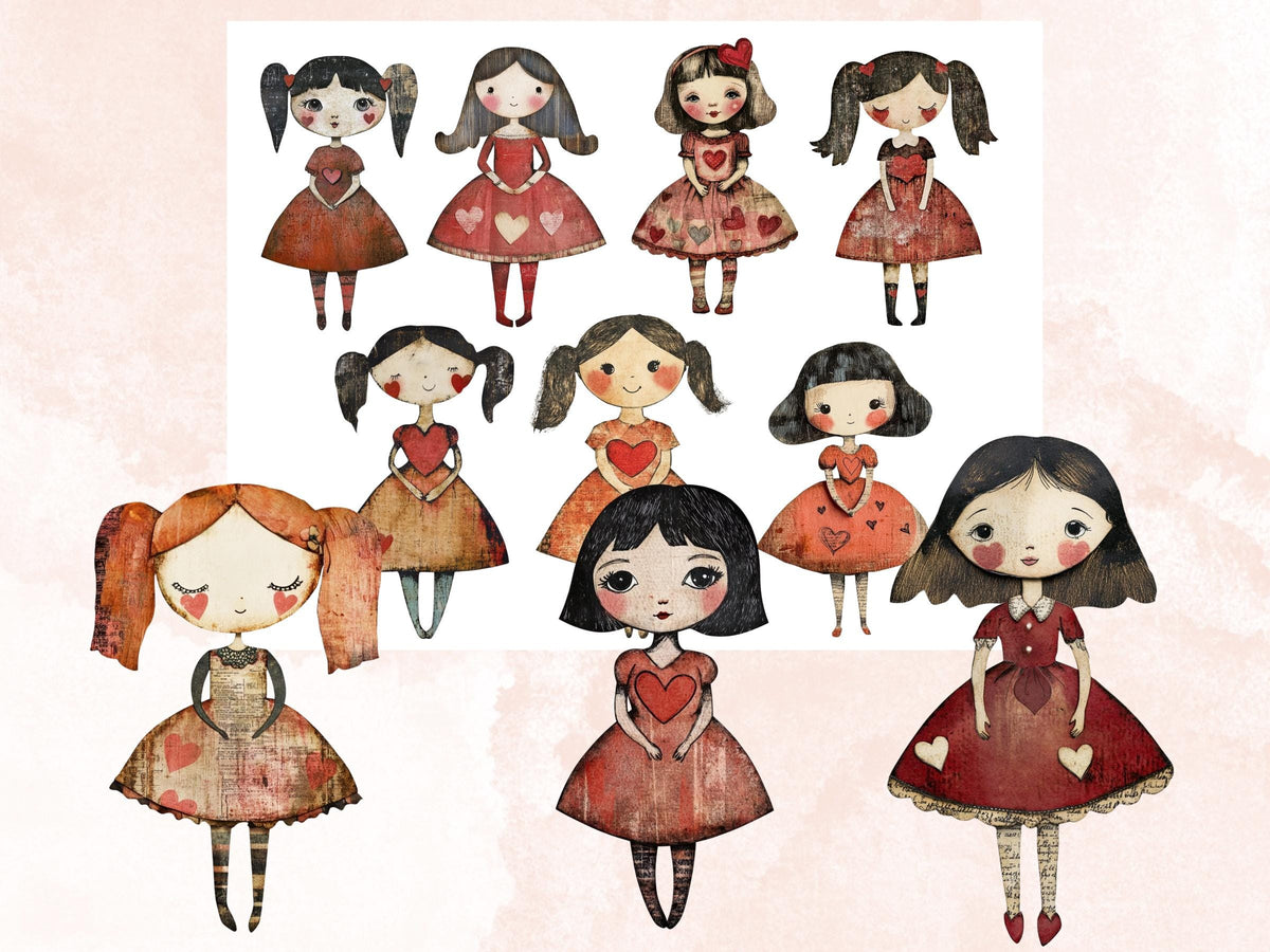 Valentines Day Paper Doll Mixed Media Clipart, Valentine Girl Fussy Cut Collage Sheet, Quirky Cut Out Ephemera, PNG + JPG for Scrapbooking