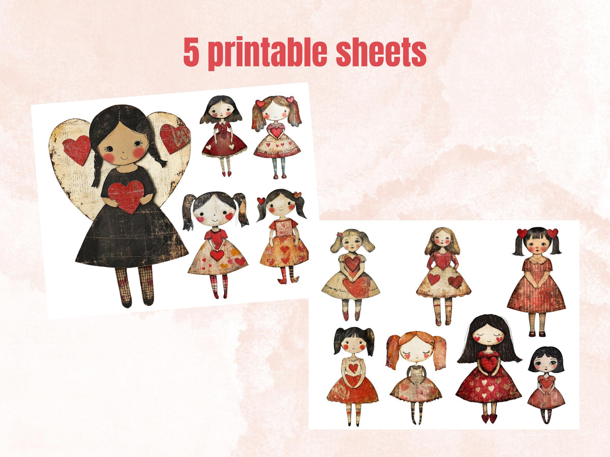 Valentines Day Paper Doll Mixed Media Clipart, Valentine Girl Fussy Cut Collage Sheet, Quirky Cut Out Ephemera, PNG + JPG for Scrapbooking