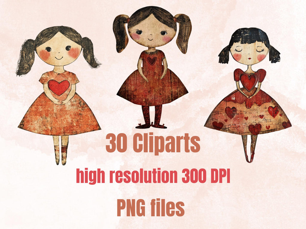 Valentines Day Paper Doll Mixed Media Clipart, Valentine Girl Fussy Cut Collage Sheet, Quirky Cut Out Ephemera, PNG + JPG for Scrapbooking