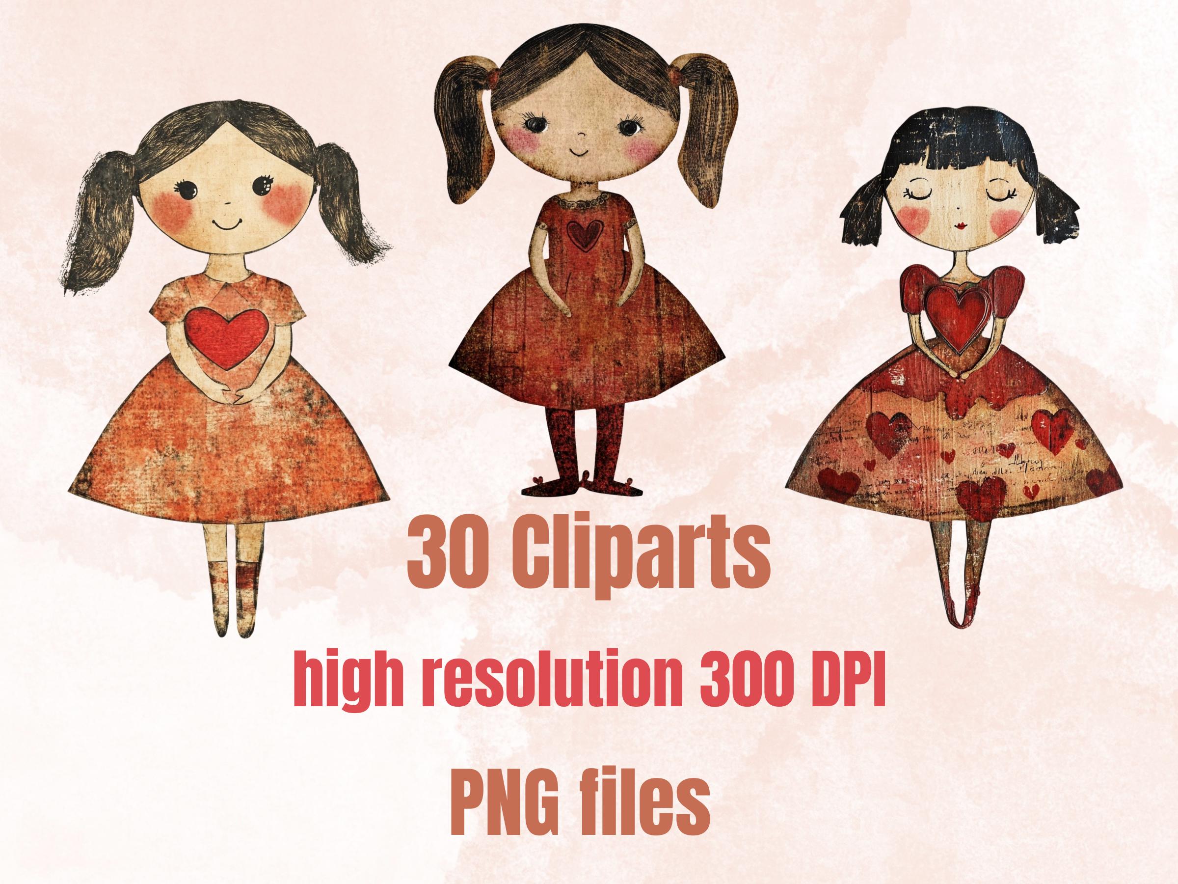 Valentines Day Paper Doll Mixed Media Clipart, Valentine Girl Fussy Cut Collage Sheet, Quirky Cut Out Ephemera, PNG + JPG for Scrapbooking