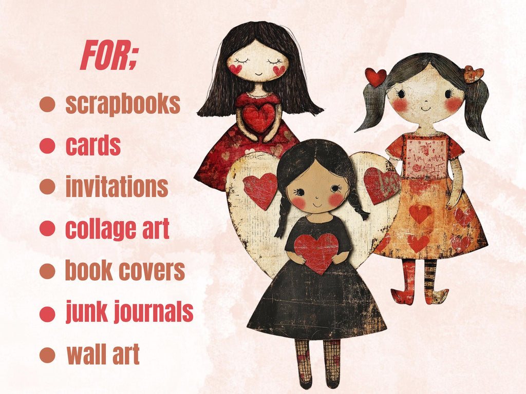 Valentines Day Paper Doll Mixed Media Clipart, Valentine Girl Fussy Cut Collage Sheet, Quirky Cut Out Ephemera, PNG + JPG for Scrapbooking