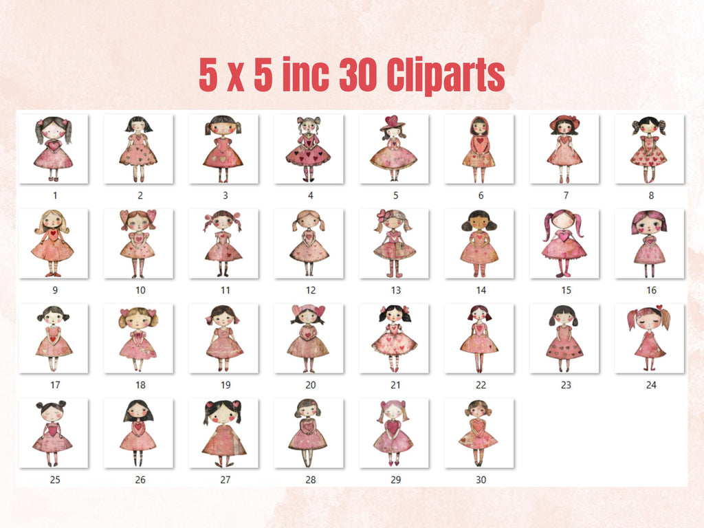 Pink Valentines Day Doll Mixed Media Clipart, Valentine Girl Fussy Cut Collage Sheet, Quirky Cut Out Ephemera, PNG + JPG for Scrapbooking