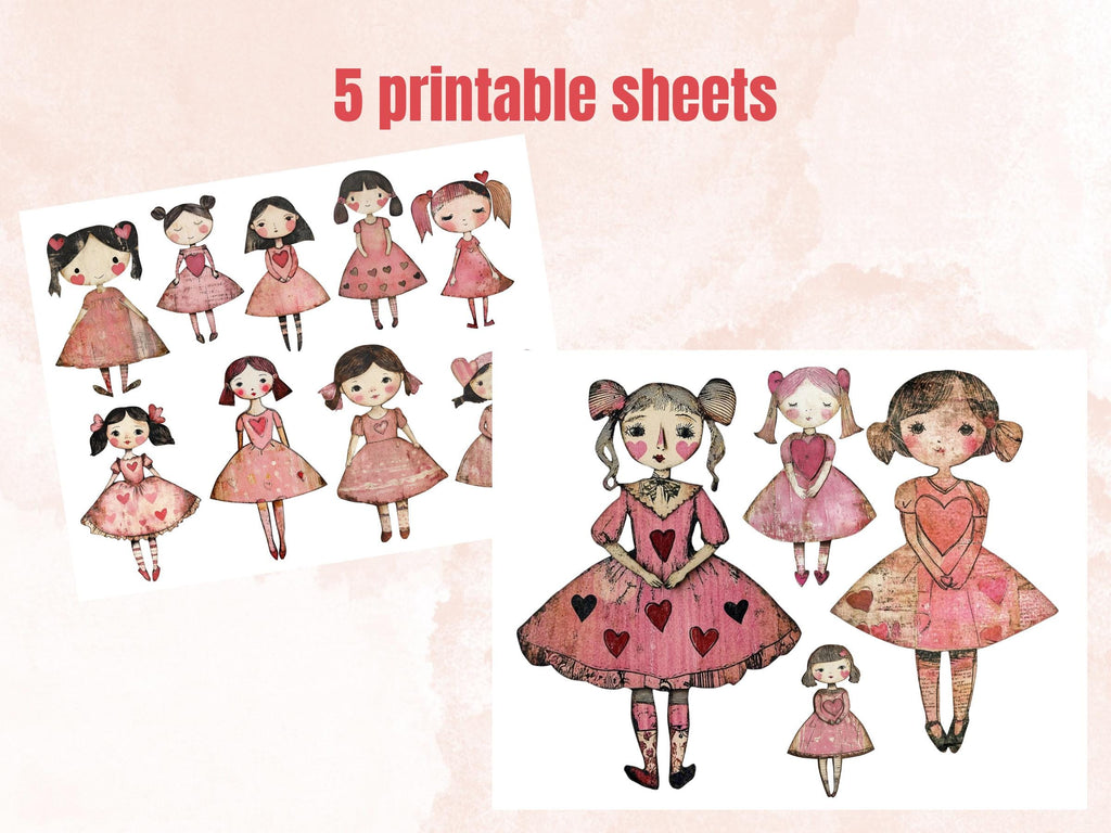 Pink Valentines Day Doll Mixed Media Clipart, Valentine Girl Fussy Cut Collage Sheet, Quirky Cut Out Ephemera, PNG + JPG for Scrapbooking