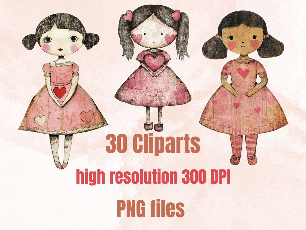 Pink Valentines Day Doll Mixed Media Clipart, Valentine Girl Fussy Cut Collage Sheet, Quirky Cut Out Ephemera, PNG + JPG for Scrapbooking