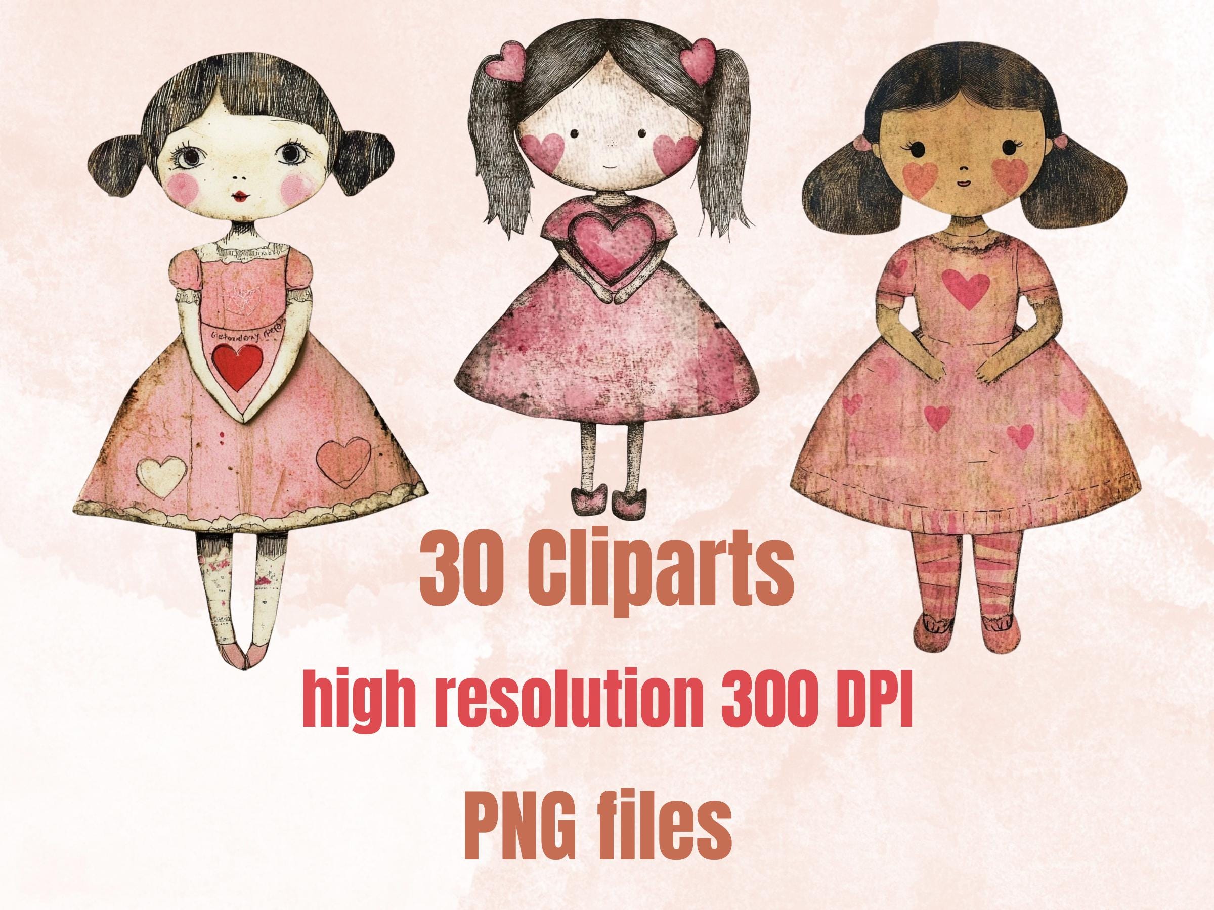 Pink Valentines Day Doll Mixed Media Clipart, Valentine Girl Fussy Cut Collage Sheet, Quirky Cut Out Ephemera, PNG + JPG for Scrapbooking