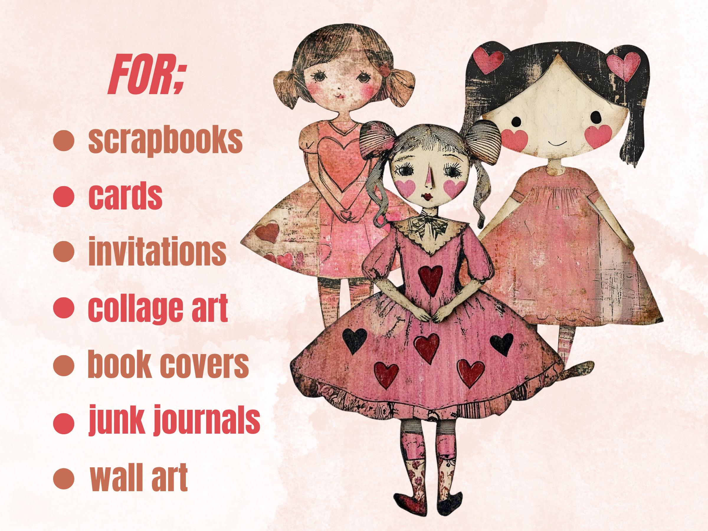 Pink Valentines Day Doll Mixed Media Clipart, Valentine Girl Fussy Cut Collage Sheet, Quirky Cut Out Ephemera, PNG + JPG for Scrapbooking