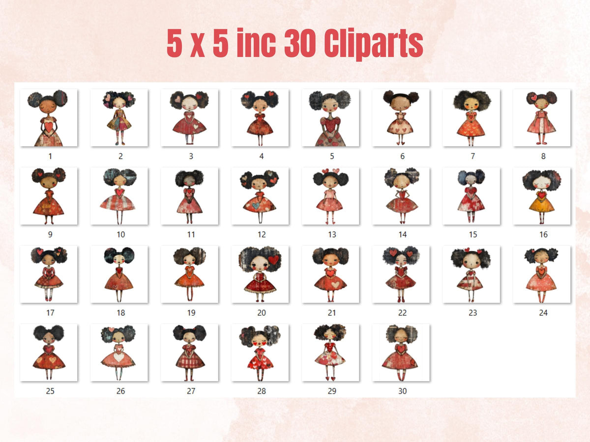 Afro Valentines Day Paper Doll Mixed Media, Valentine Black Girl Fussy Cut Collage Sheet, Love Cut Out Ephemera, PNG + JPG for Scrapbooking