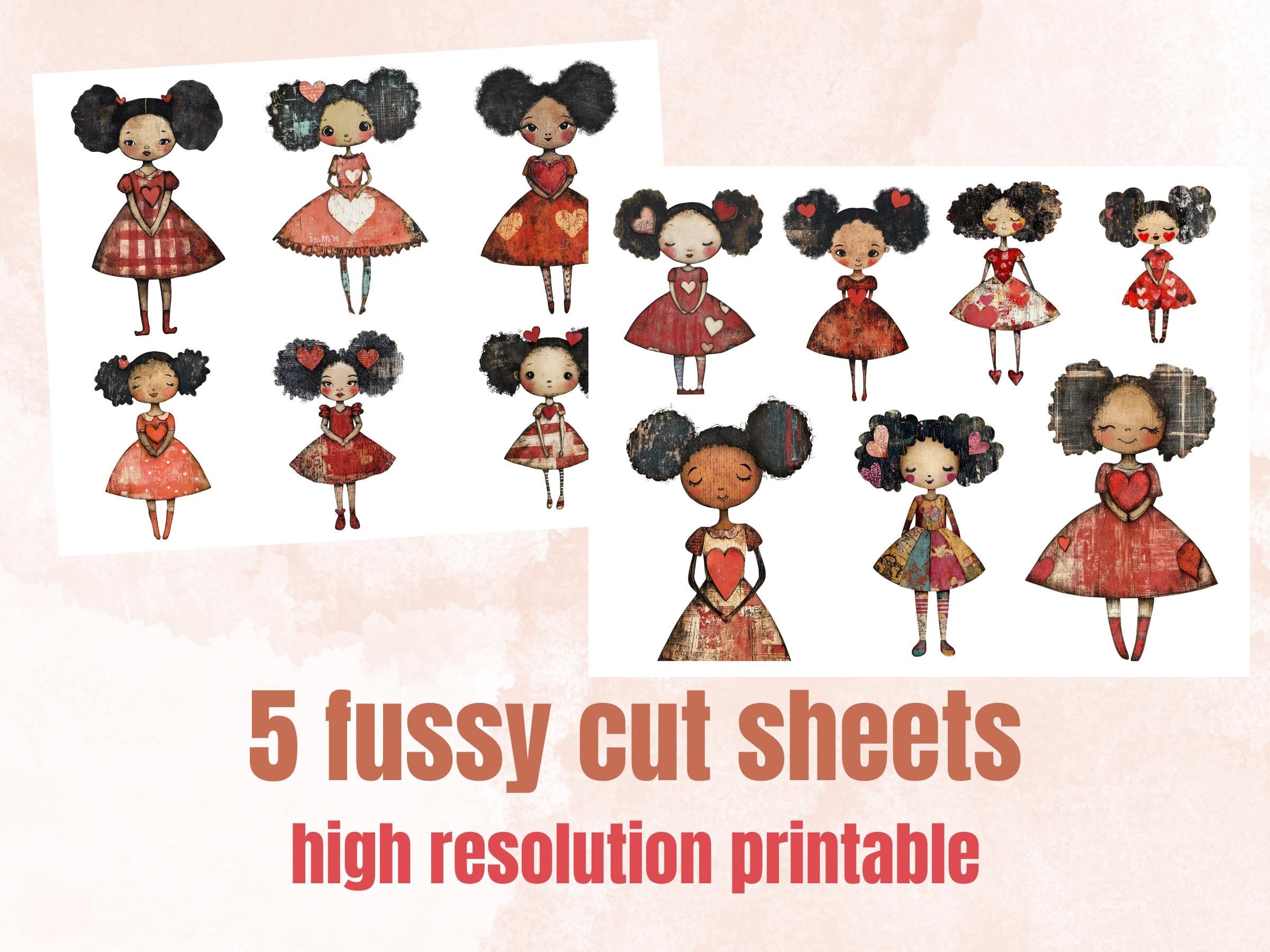 Afro Valentines Day Paper Doll Mixed Media, Valentine Black Girl Fussy Cut Collage Sheet, Love Cut Out Ephemera, PNG + JPG for Scrapbooking