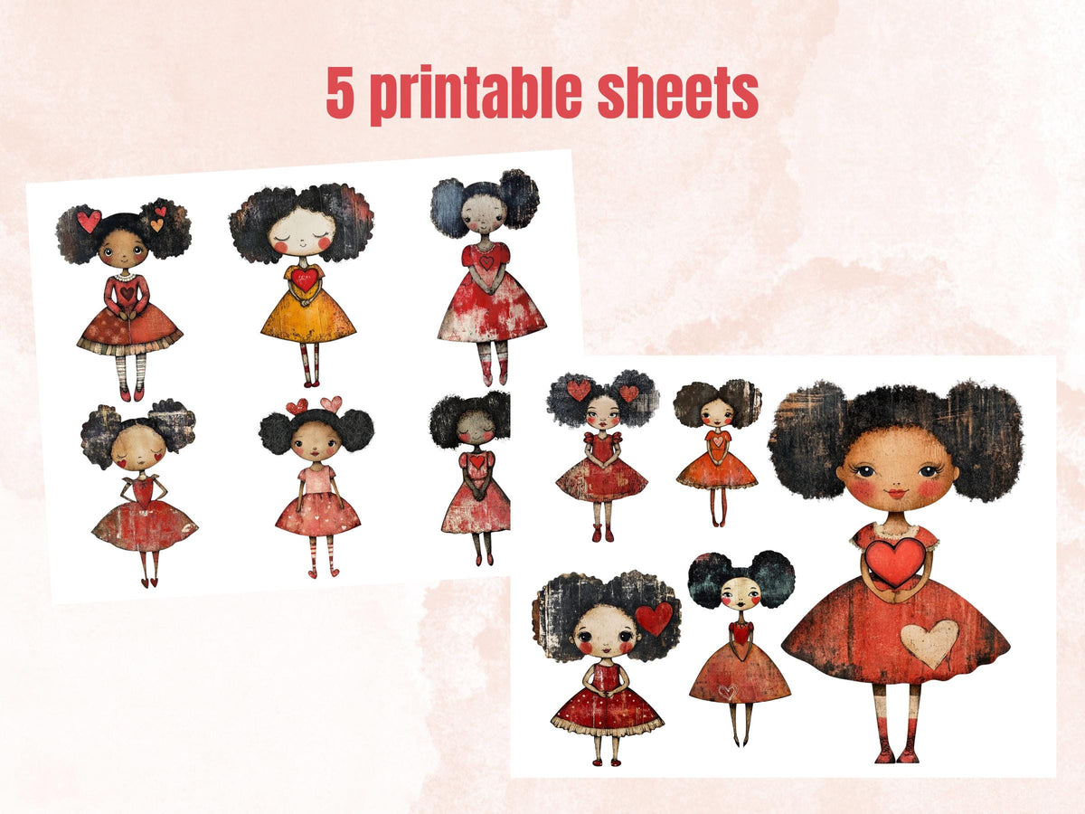 Afro Valentines Day Paper Doll Mixed Media, Valentine Black Girl Fussy Cut Collage Sheet, Love Cut Out Ephemera, PNG + JPG for Scrapbooking