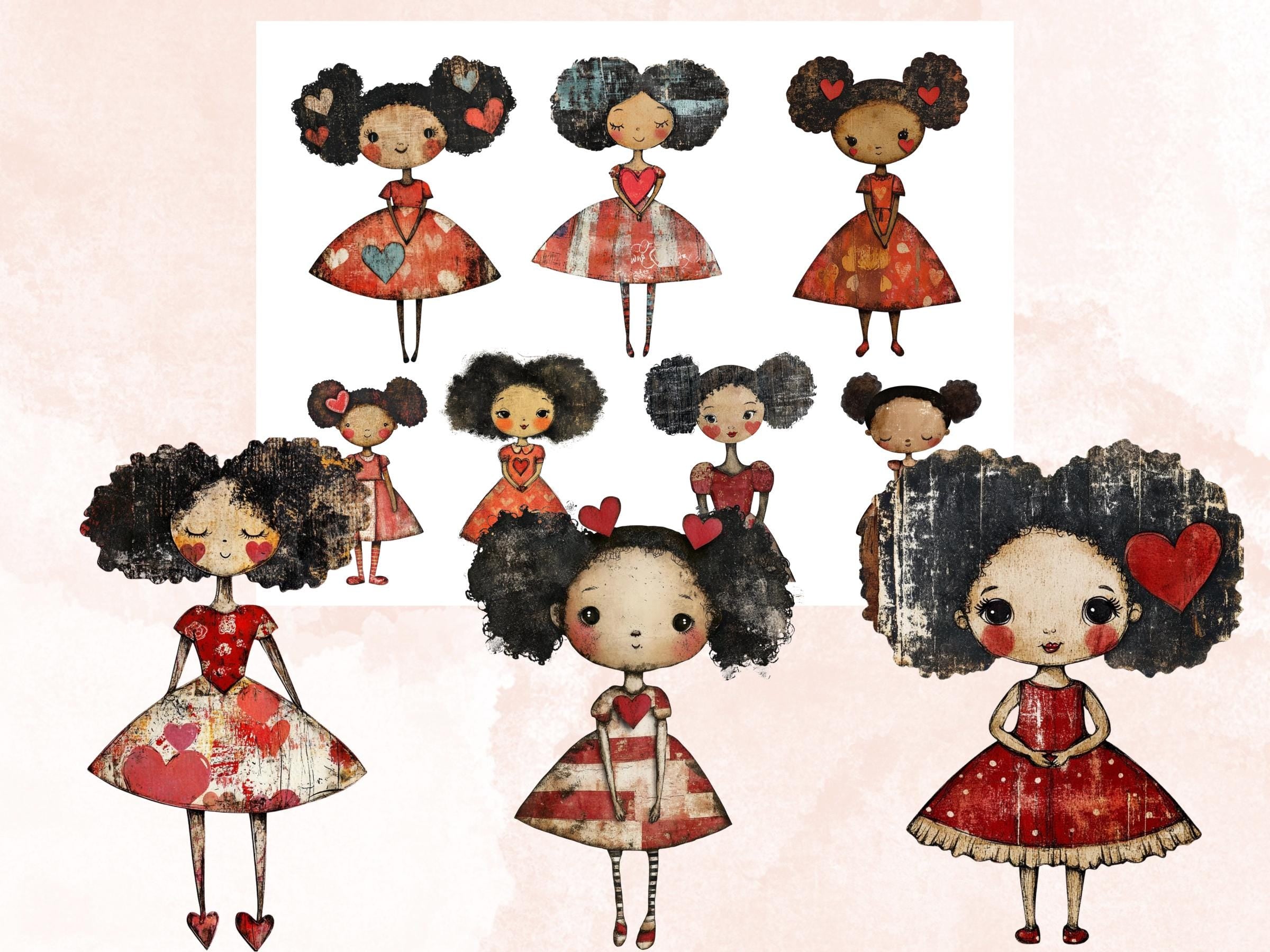Afro Valentines Day Paper Doll Mixed Media, Valentine Black Girl Fussy Cut Collage Sheet, Love Cut Out Ephemera, PNG + JPG for Scrapbooking