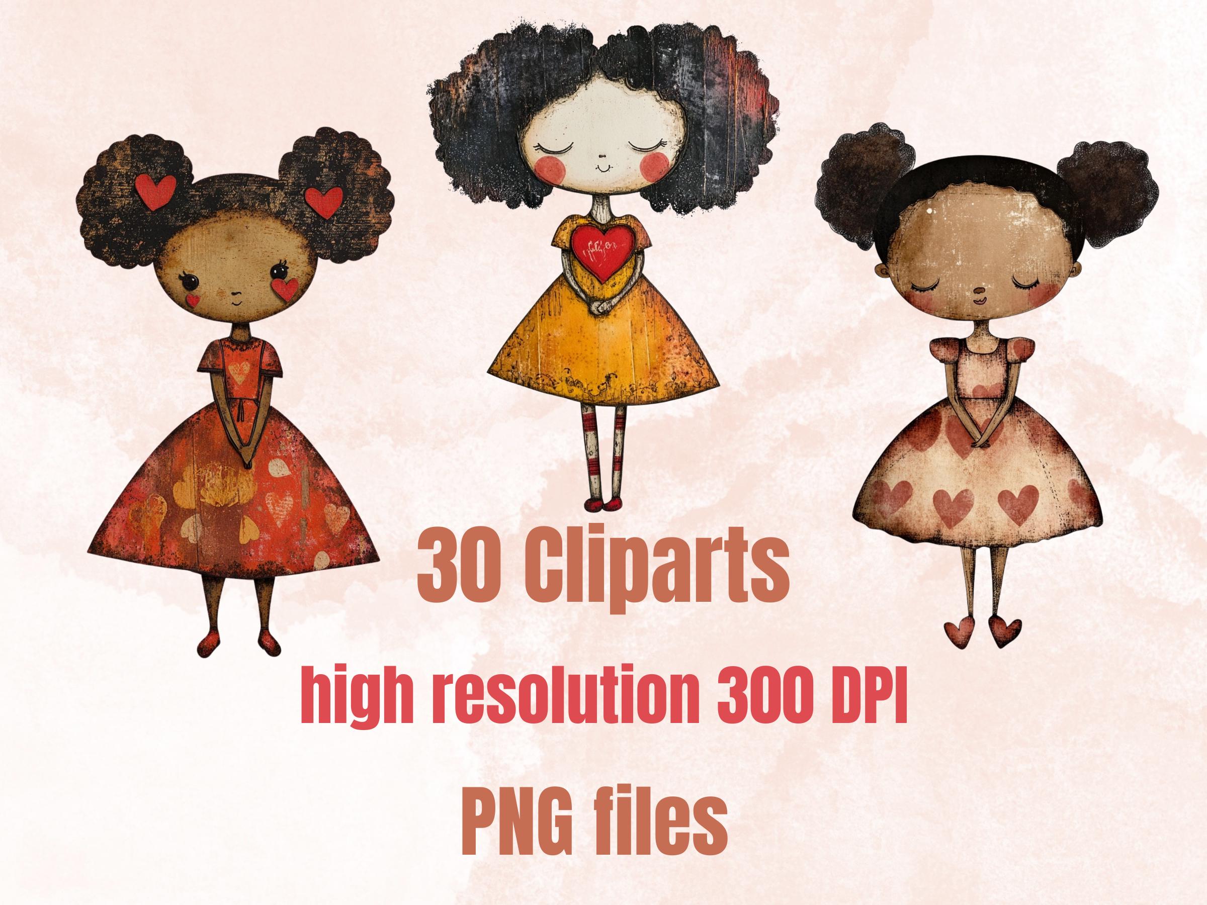 Afro Valentines Day Paper Doll Mixed Media, Valentine Black Girl Fussy Cut Collage Sheet, Love Cut Out Ephemera, PNG + JPG for Scrapbooking