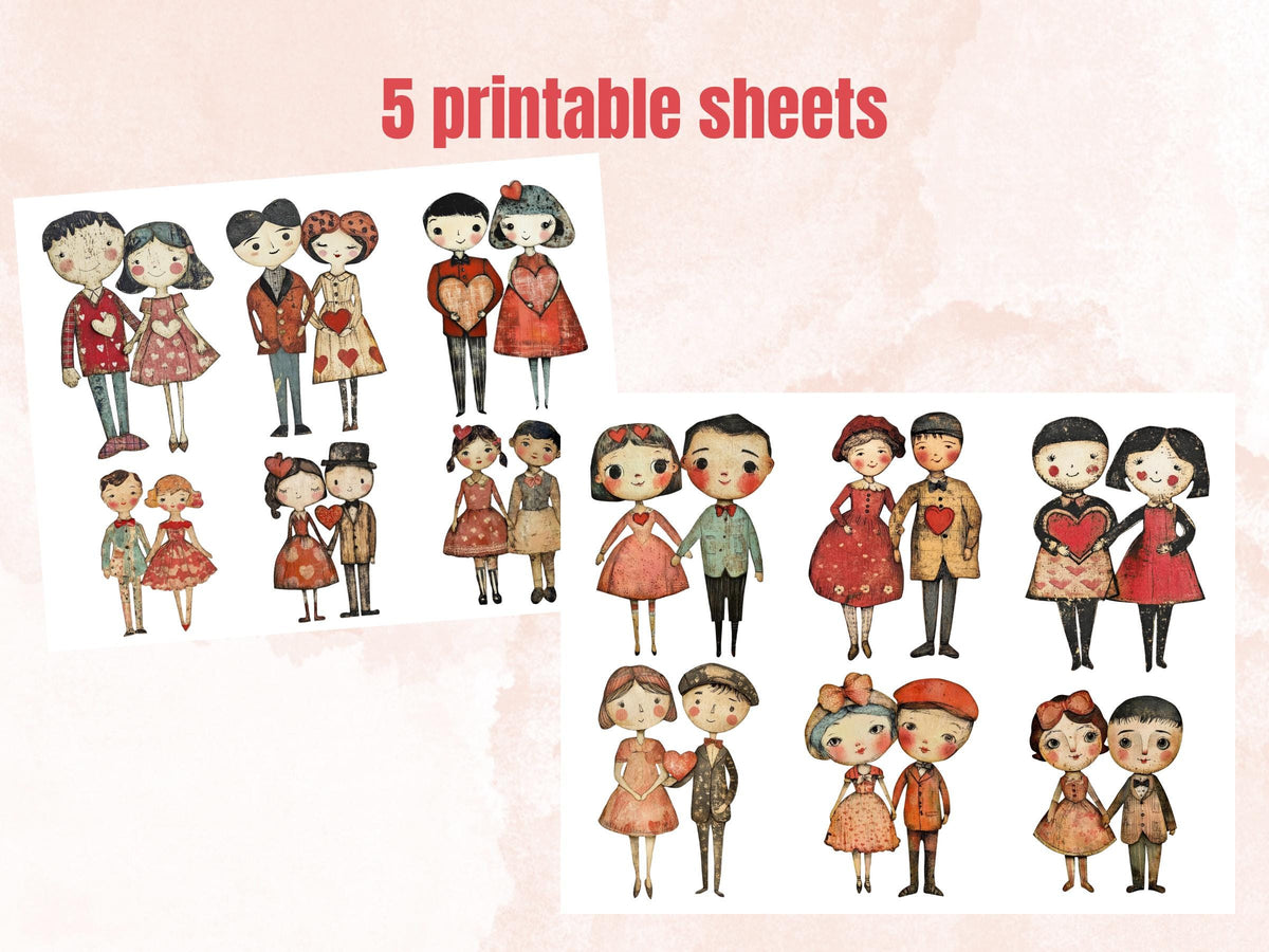 Valentines Day Couple Doll Mixed Media Clipart, Valentine Girl Boy Fussy Cut Collage Sheet, Love Cut Out Ephemera, PNG + JPG Scrapbooking