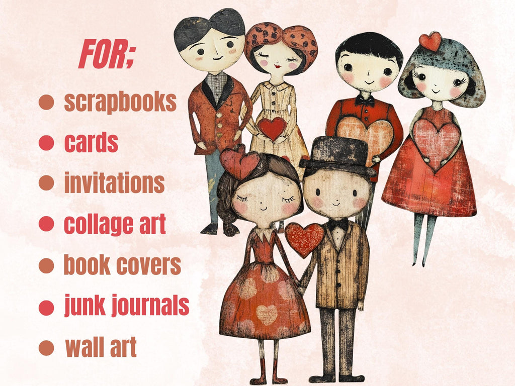 Valentines Day Couple Doll Mixed Media Clipart, Valentine Girl Boy Fussy Cut Collage Sheet, Love Cut Out Ephemera, PNG + JPG Scrapbooking