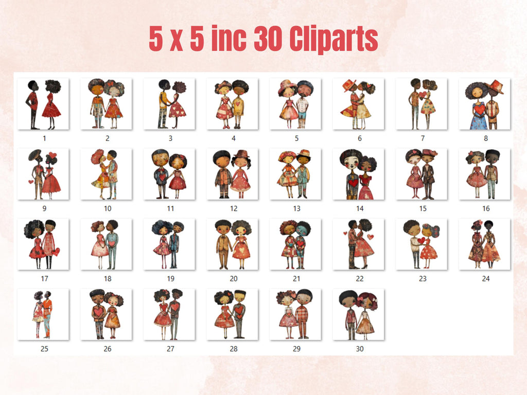 Valentines Day Afro Couple Doll Mixed Media Clipart, Valentine Black People Fussy Cut Sheet, Cut Out Ephemera, PNG + JPG Scrapbooking